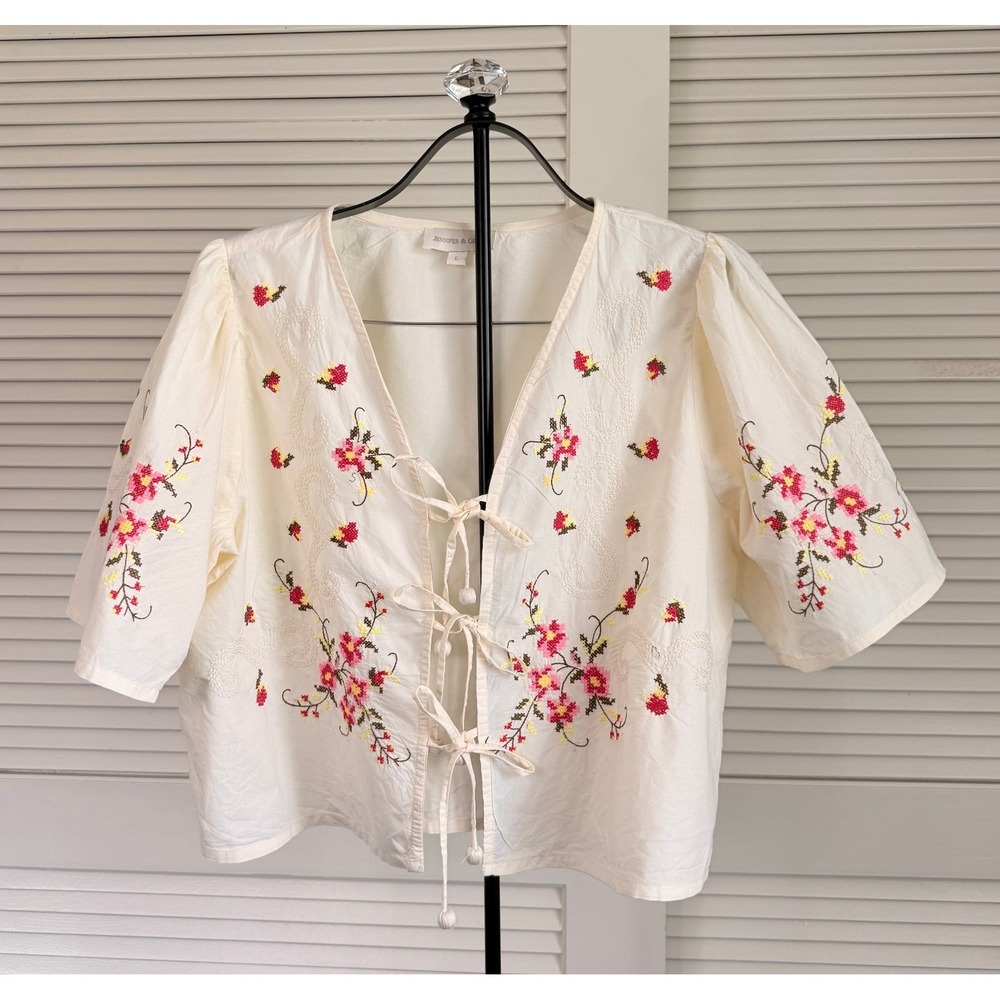 Jennifer & Grace Embroidered Cotton Tie Front Top Cream Floral Boho Large